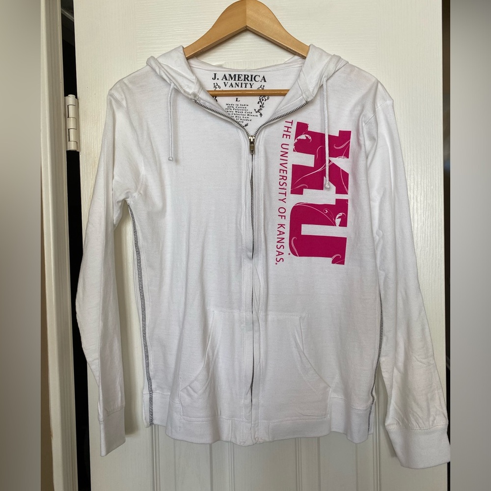 White Kansas Jayhawks Jacket Hoodie Zip up Women’s Large Officially Licensed KU